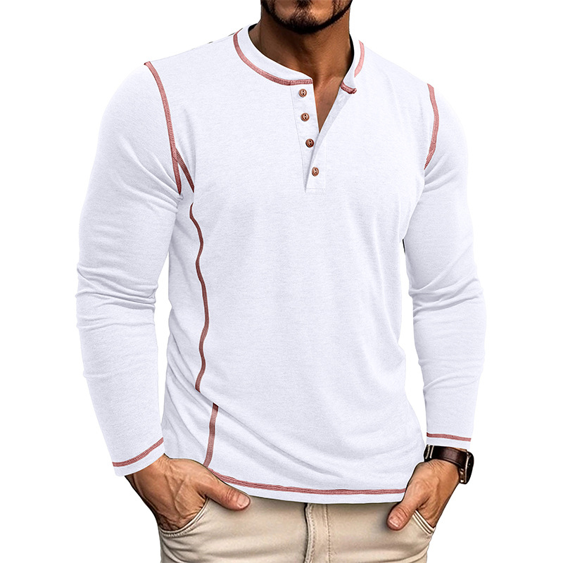 Men's Henley Four-Button Cotton Long-Sleeved Top