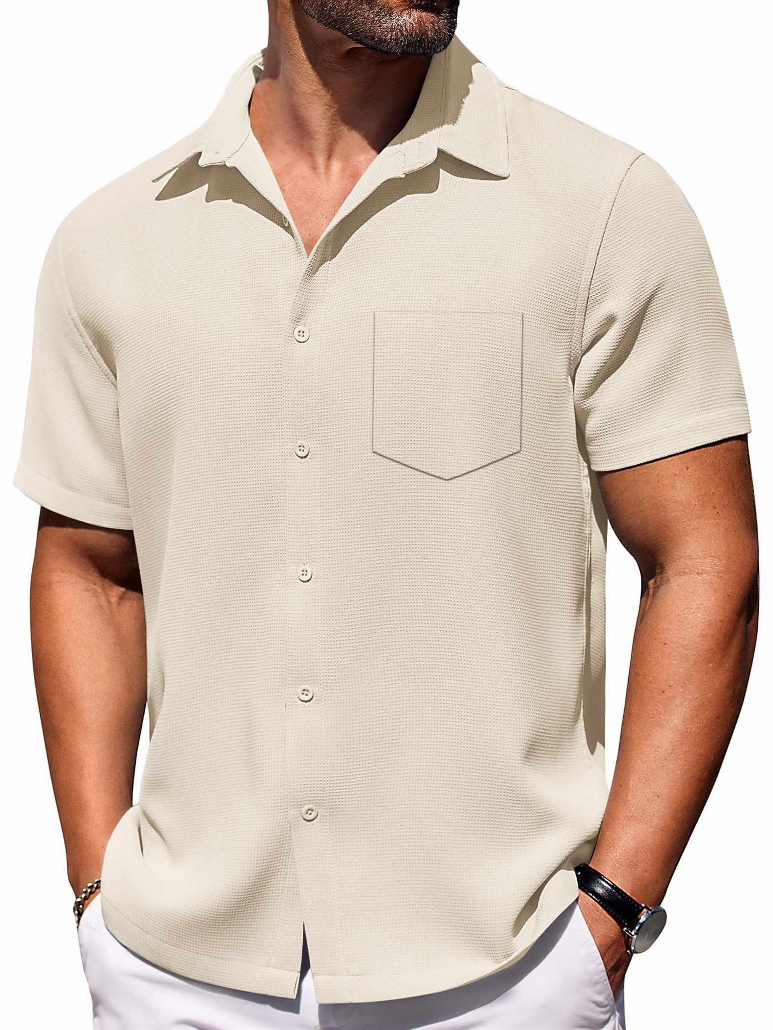 Men's Hawaiian Waffle Fabric Lapel Pocket Short Sleeve Shirt