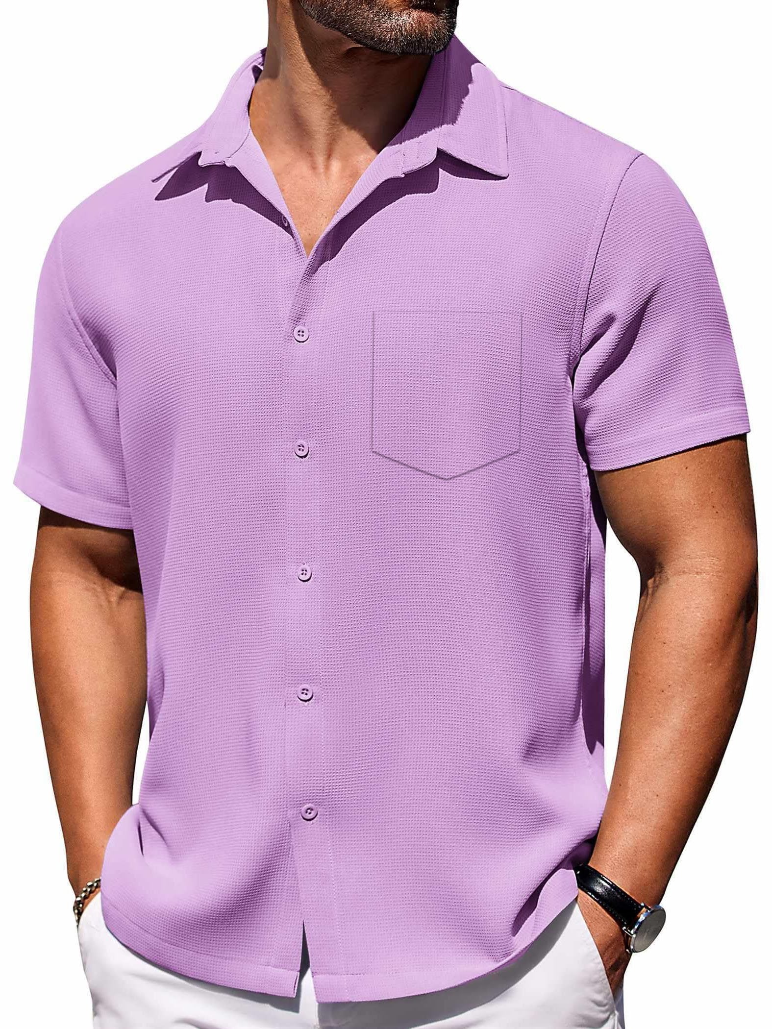 Men's Hawaiian Waffle Fabric Lapel Pocket Short Sleeve Shirt