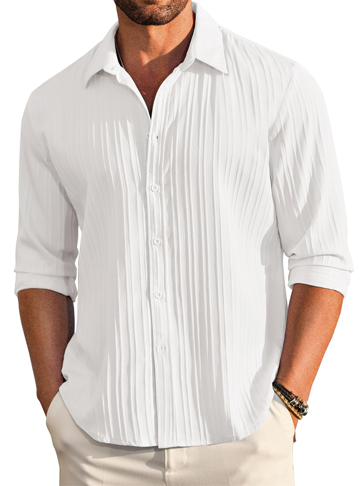 Men's Casual Comfortable Loose Textured Long Sleeve Shirt
