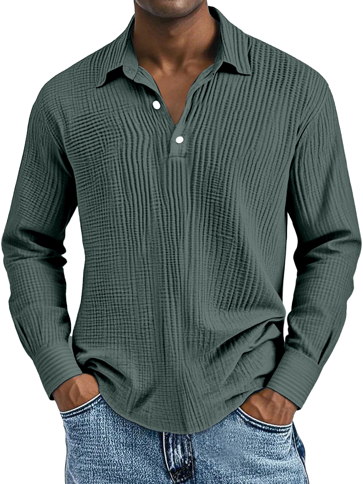 Men's Simple Solid Color Breathable Pleated Lapel Long-sleeved Polo Shirt