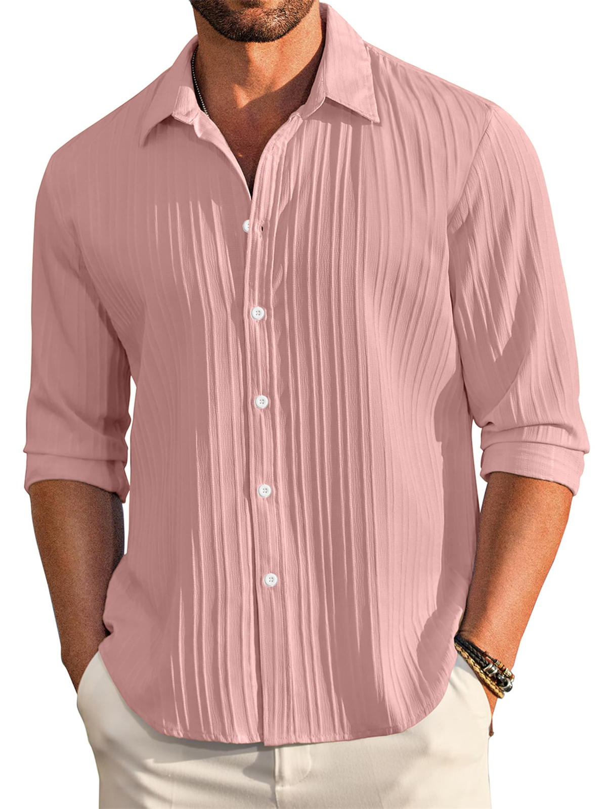 Men's Casual Comfortable Loose Textured Long Sleeve Shirt