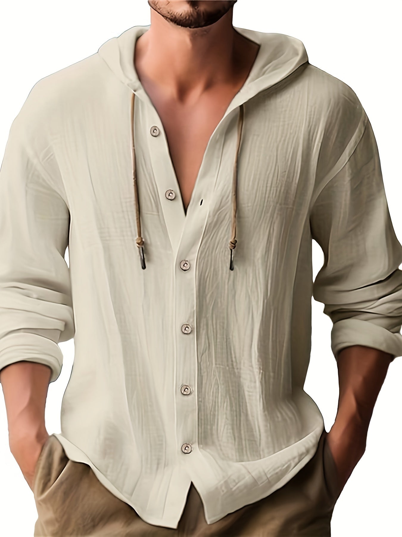Men's hooded T-shirt solid color cotton and linen men's casual long-sleeved top