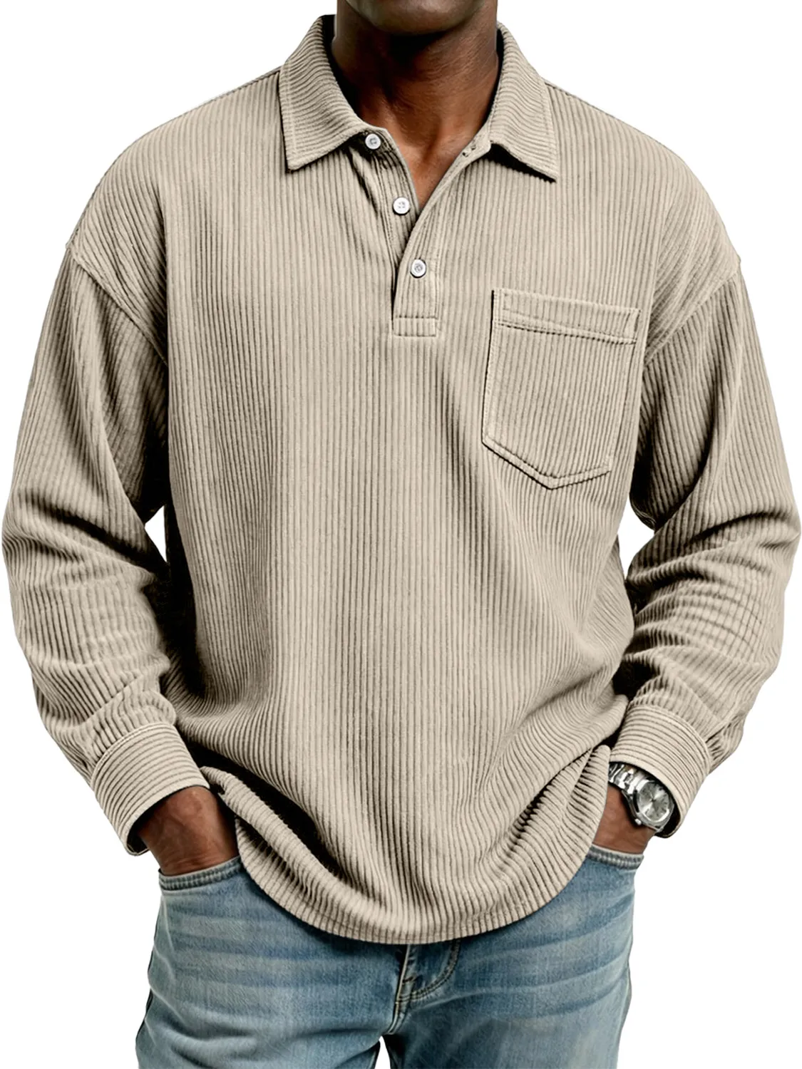 Men's Retro Corduroy Lapel Button Casual Pocket Long-Sleeve Polo Shirt
