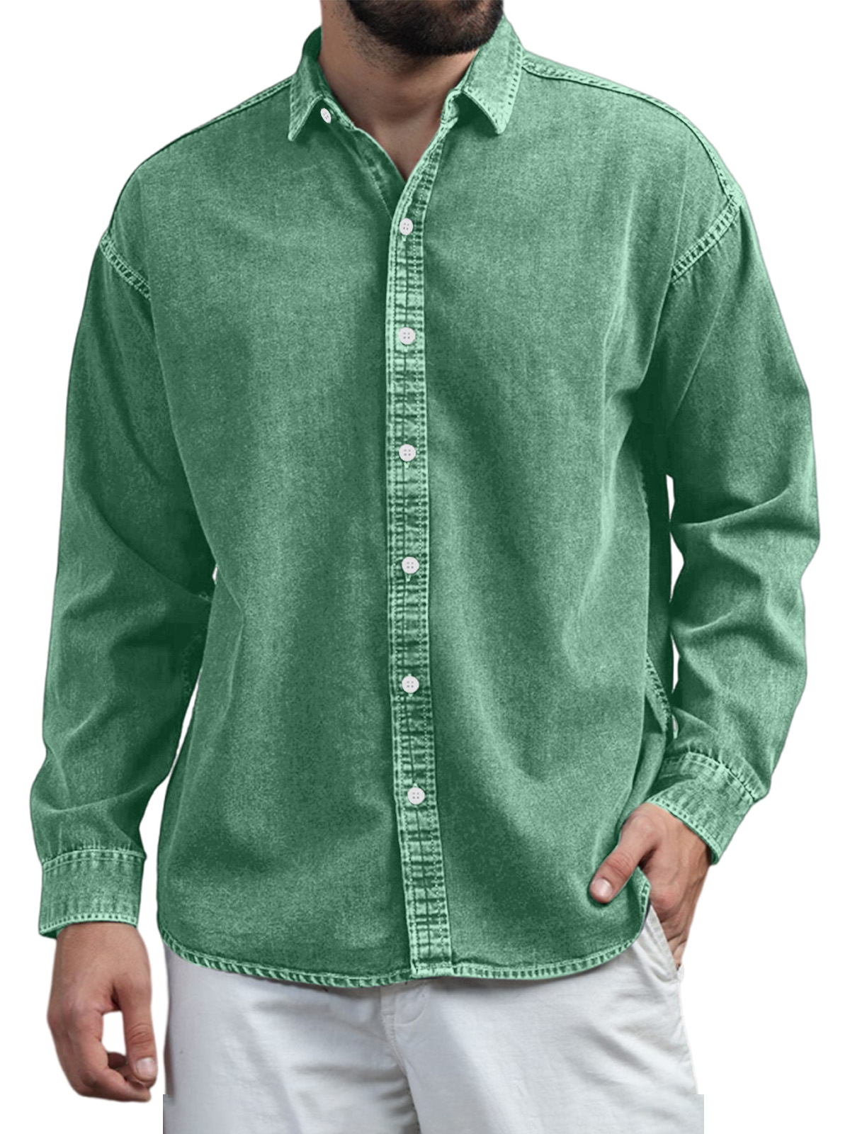 Mens Retro Casual Solid Color Lapel Long Sleeve Shirt