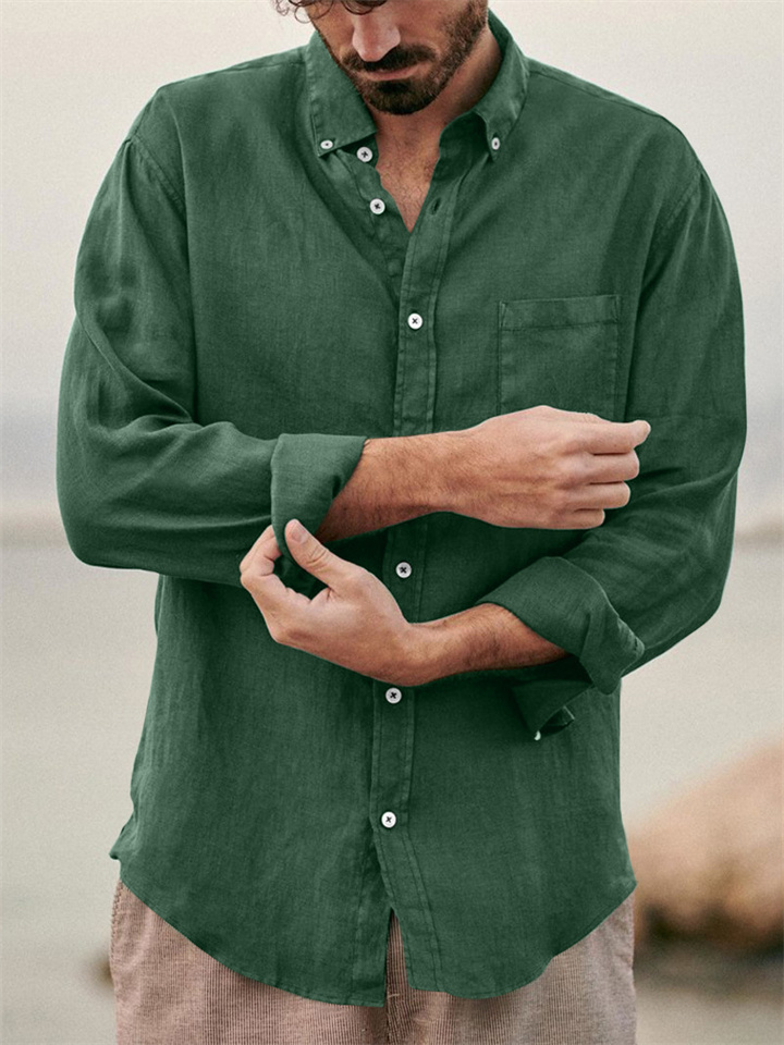 Men's Linen Shirt Shirt Summer Shirt Beach Shirt Black Brown Green Long Sleeve Solid Color Turndown Spring & Fall Outdoor Street Clothing Apparel Button-Down
