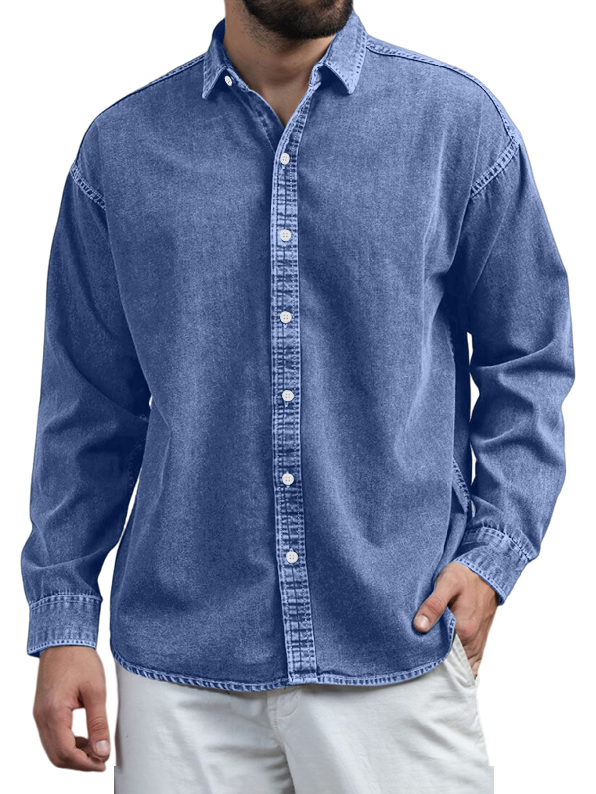 Mens Retro Casual Solid Color Lapel Long Sleeve Shirt