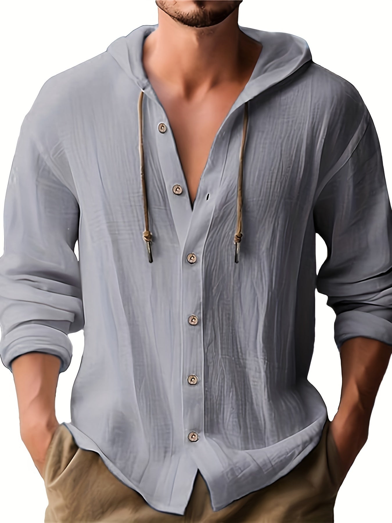 Men's hooded T-shirt solid color cotton and linen men's casual long-sleeved top