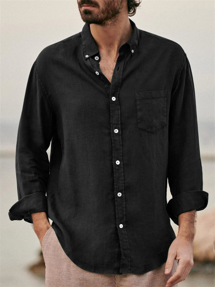 Men's Linen Shirt Shirt Summer Shirt Beach Shirt Black Brown Green Long Sleeve Solid Color Turndown Spring & Fall Outdoor Street Clothing Apparel Button-Down