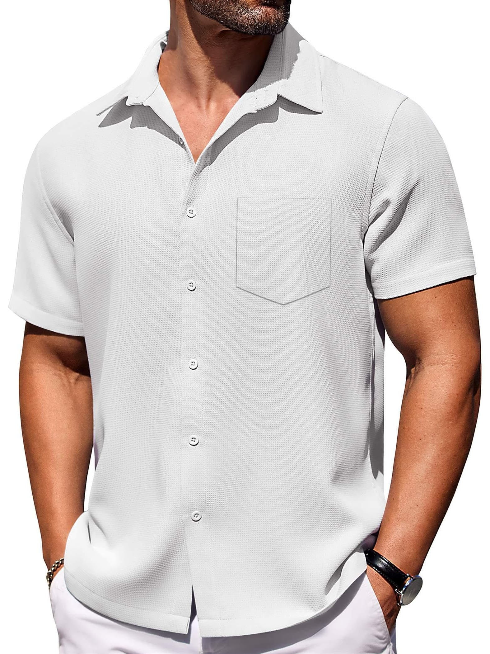 Men's Hawaiian Waffle Fabric Lapel Pocket Short Sleeve Shirt