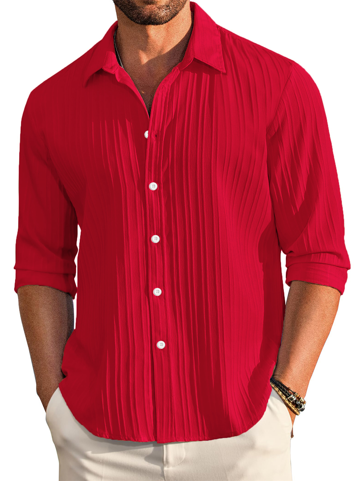 Men's Casual Comfortable Loose Textured Long Sleeve Shirt