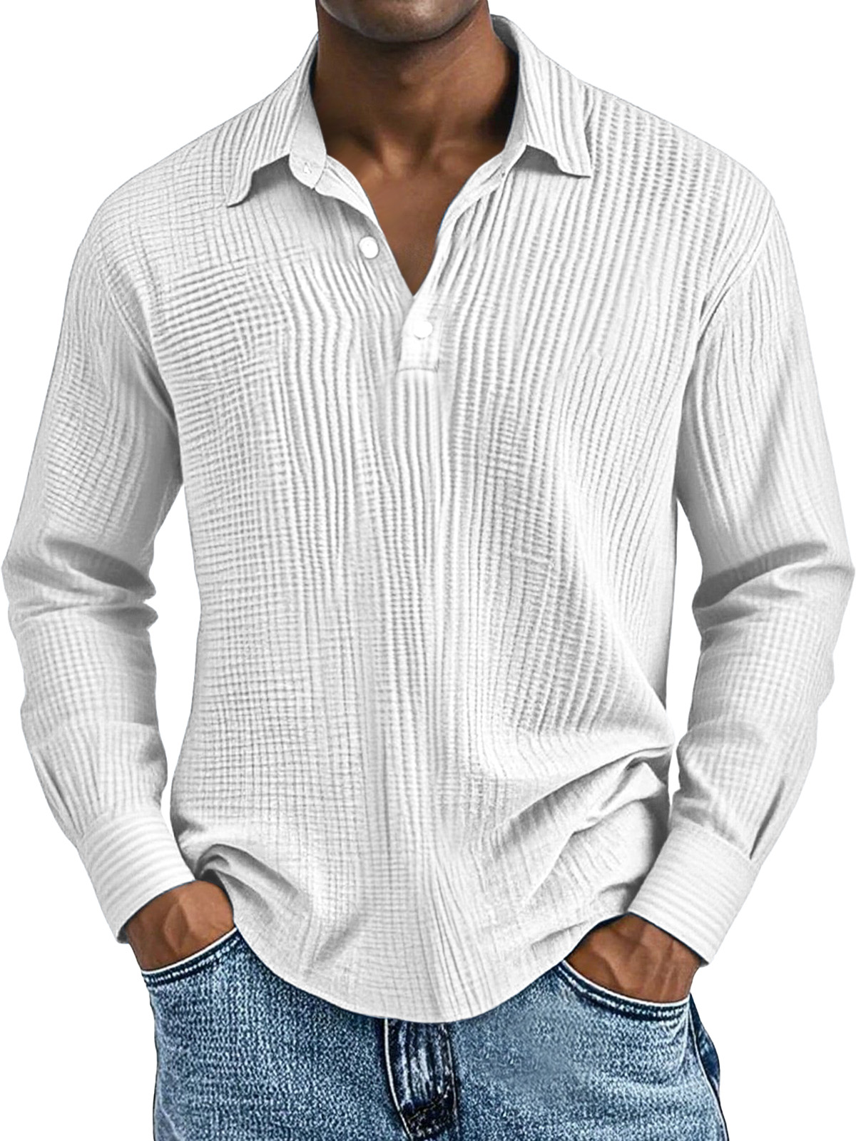 Men's Simple Solid Color Breathable Pleated Lapel Long-sleeved Polo Shirt