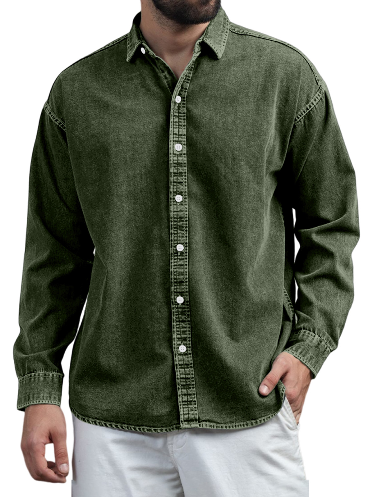 Mens Retro Casual Solid Color Lapel Long Sleeve Shirt