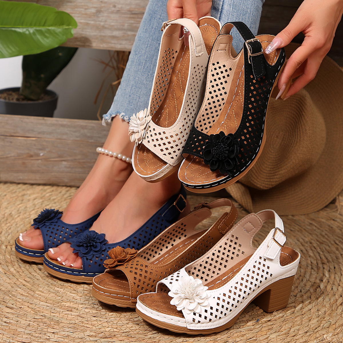 Dernier Jour : -50 % – Nouveauté 2025 : Sandales À Talons Fleuries Pour Femme