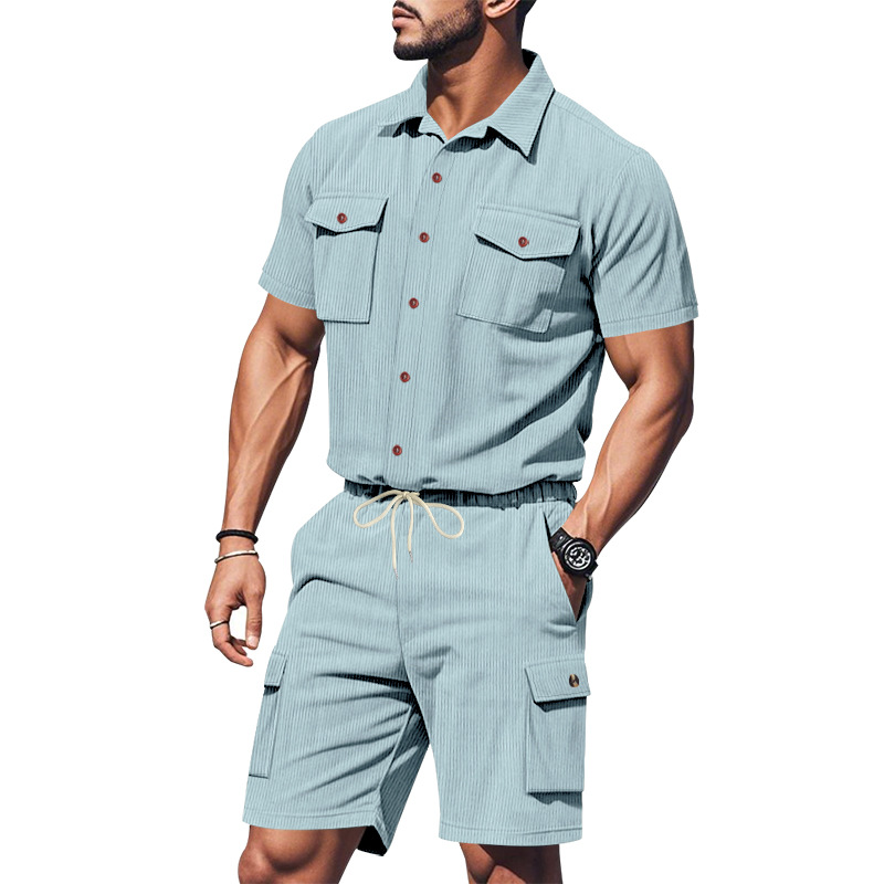 Ensemble été 2025 en velours côtelé pour homme : chemise à poches manches courtes et short
