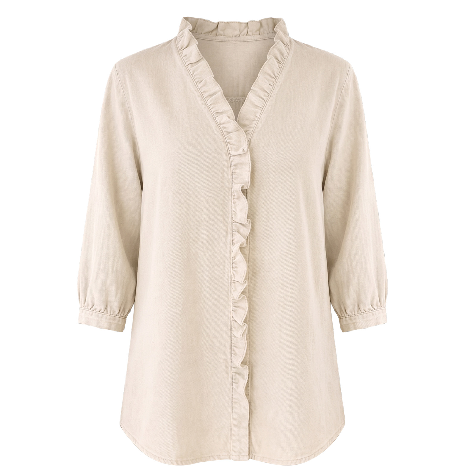 Nouveautés 🔥 Blouse en jean à volants style français – Chemise col V pour femme, délavage doux (Livraison gratuite dès 2 articles achetés)