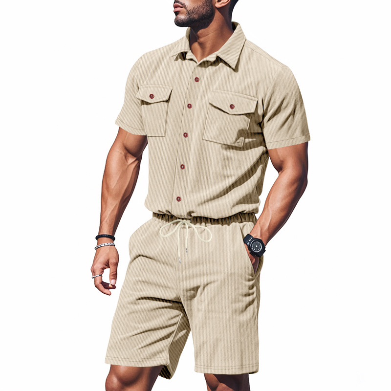 Ensemble été 2025 en velours côtelé pour homme : chemise à poches manches courtes et short