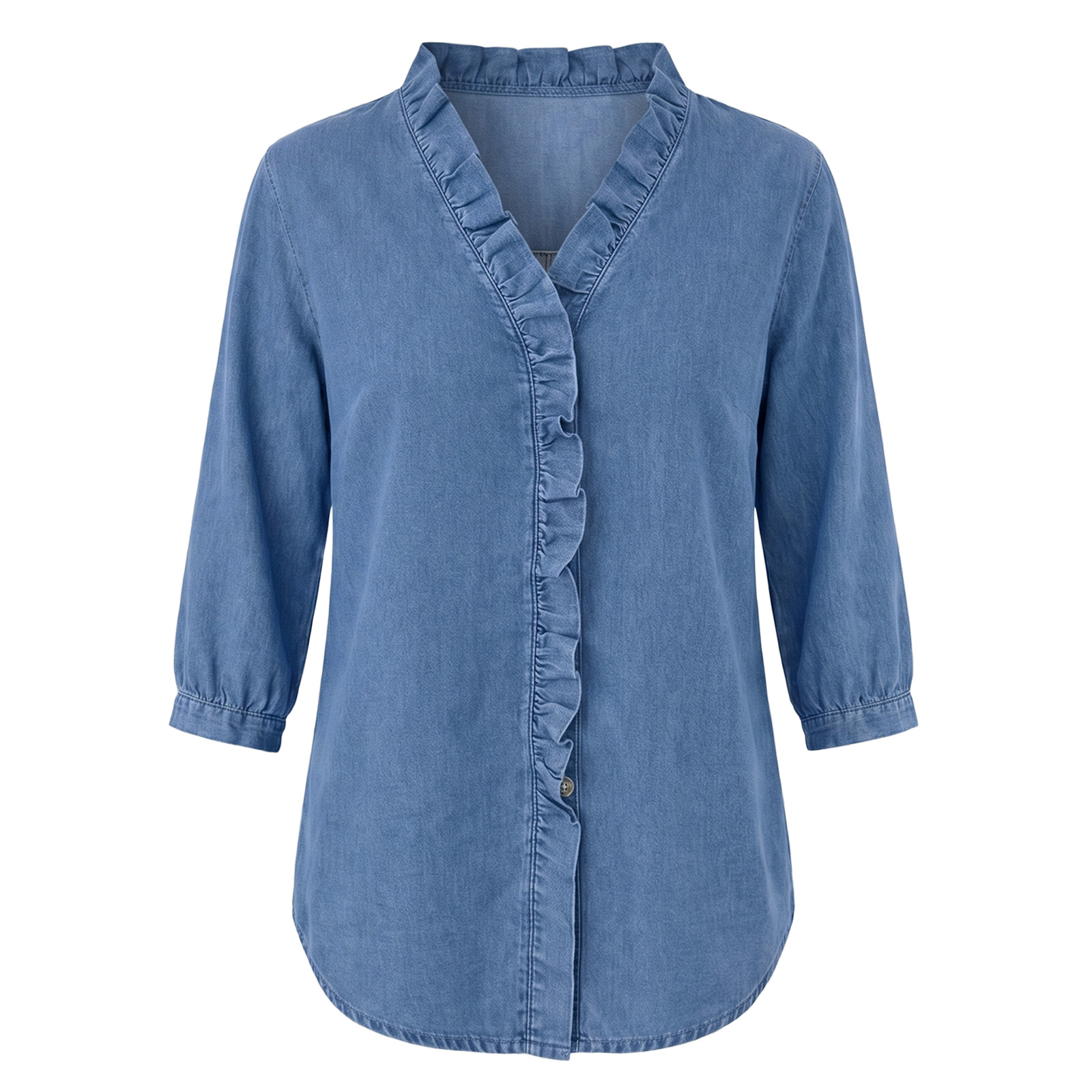 Nouveautés 🔥 Blouse en jean à volants style français – Chemise col V pour femme, délavage doux (Livraison gratuite dès 2 articles achetés)