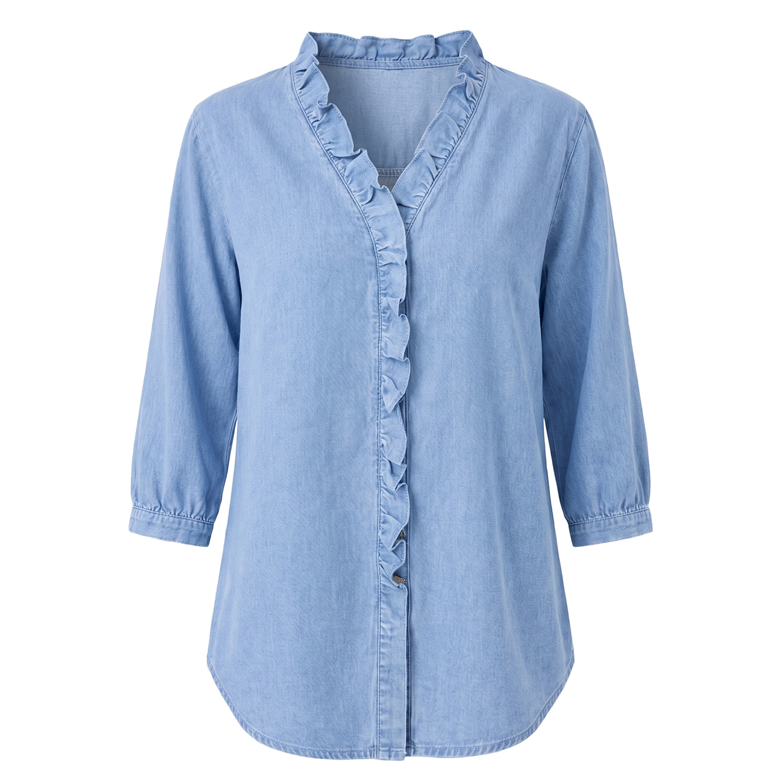 Nouveautés 🔥 Blouse en jean à volants style français – Chemise col V pour femme, délavage doux (Livraison gratuite dès 2 articles achetés)