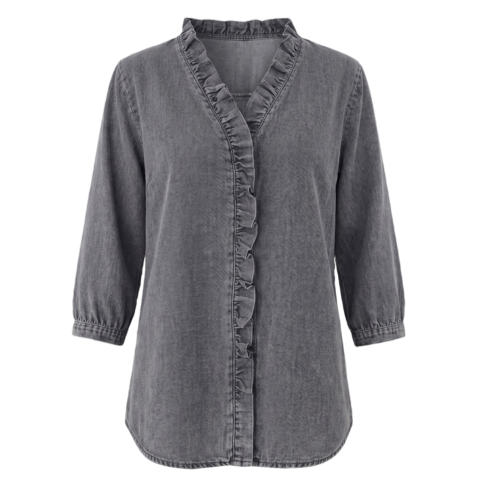 Nouveautés 🔥 Blouse en jean à volants style français – Chemise col V pour femme, délavage doux (Livraison gratuite dès 2 articles achetés)