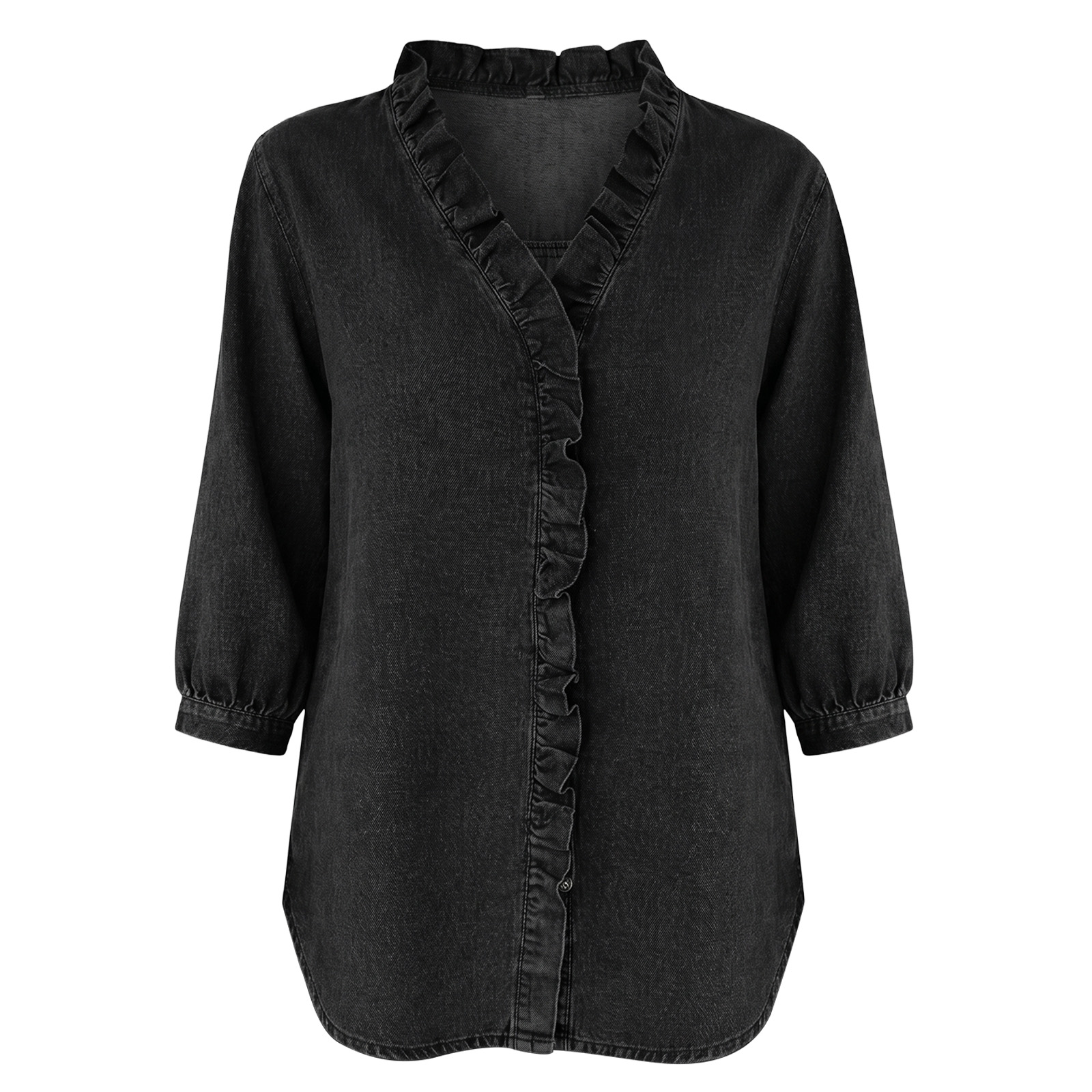 Nouveautés 🔥 Blouse en jean à volants style français – Chemise col V pour femme, délavage doux (Livraison gratuite dès 2 articles achetés)