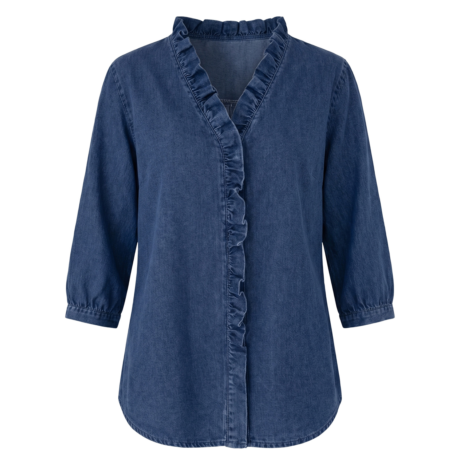 Nouveautés 🔥 Blouse en jean à volants style français – Chemise col V pour femme, délavage doux (Livraison gratuite dès 2 articles achetés)