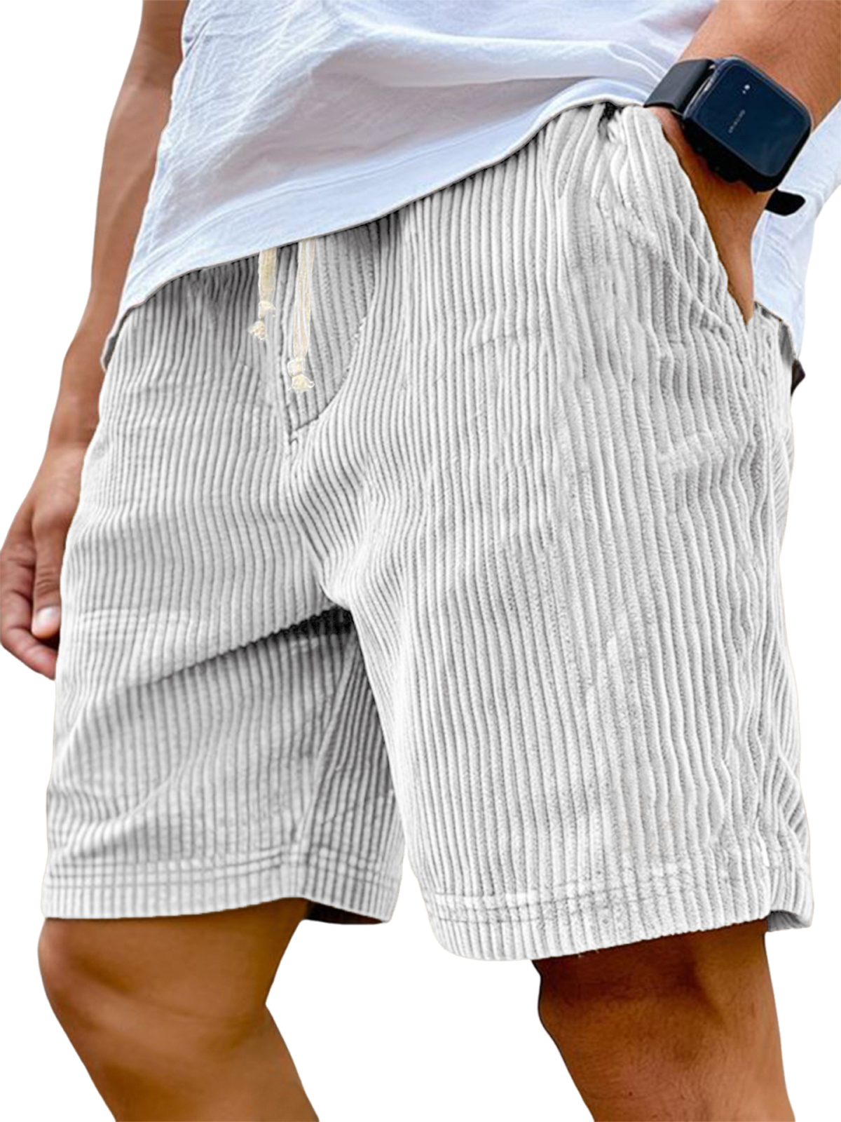 Short décontracté à lacets en velours côtelé à rayures verticales pour homme