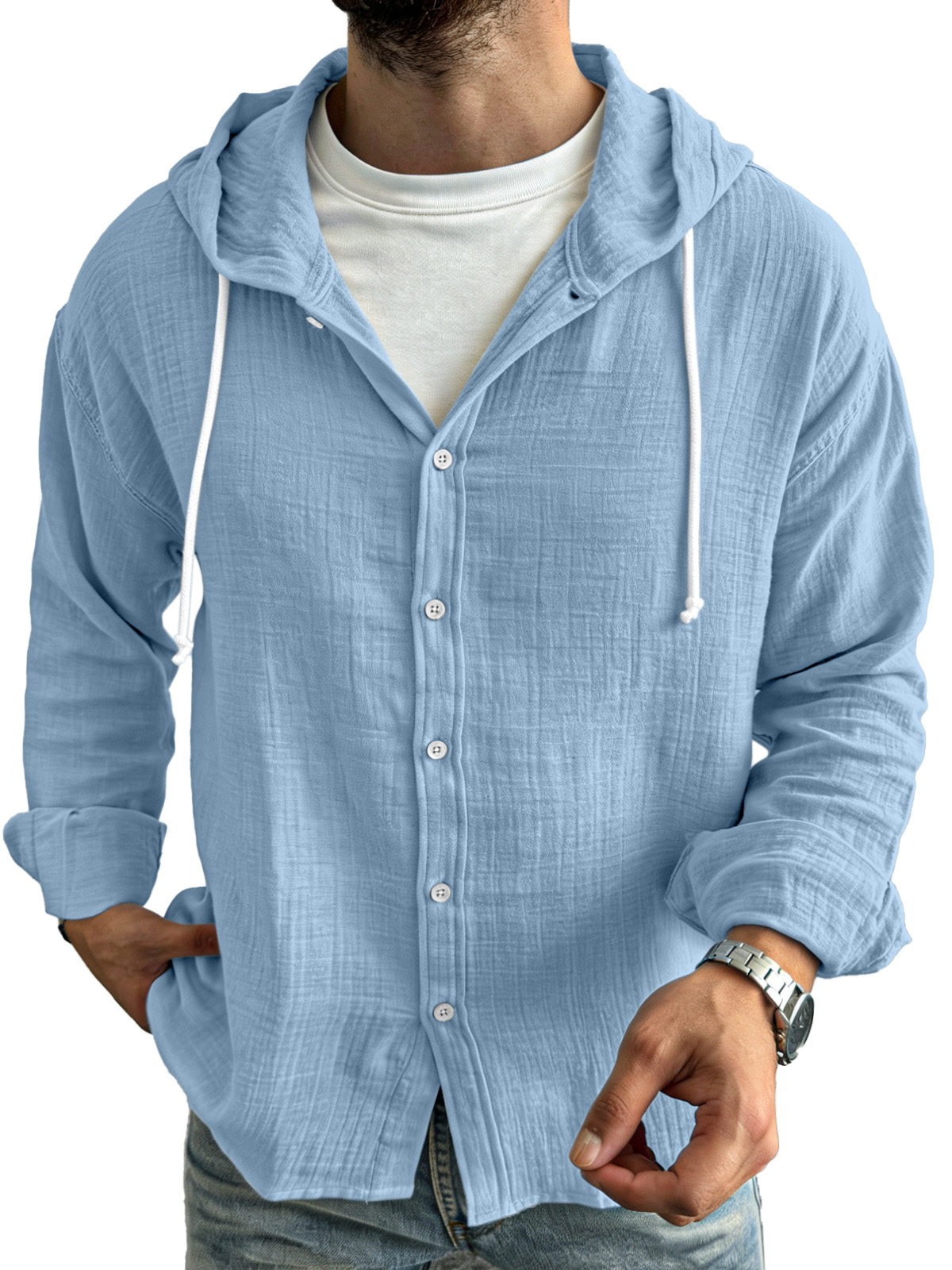 Chemise à manches longues pour homme, simple, décontractée, confortable, ample et boutonnée, avec capuche
