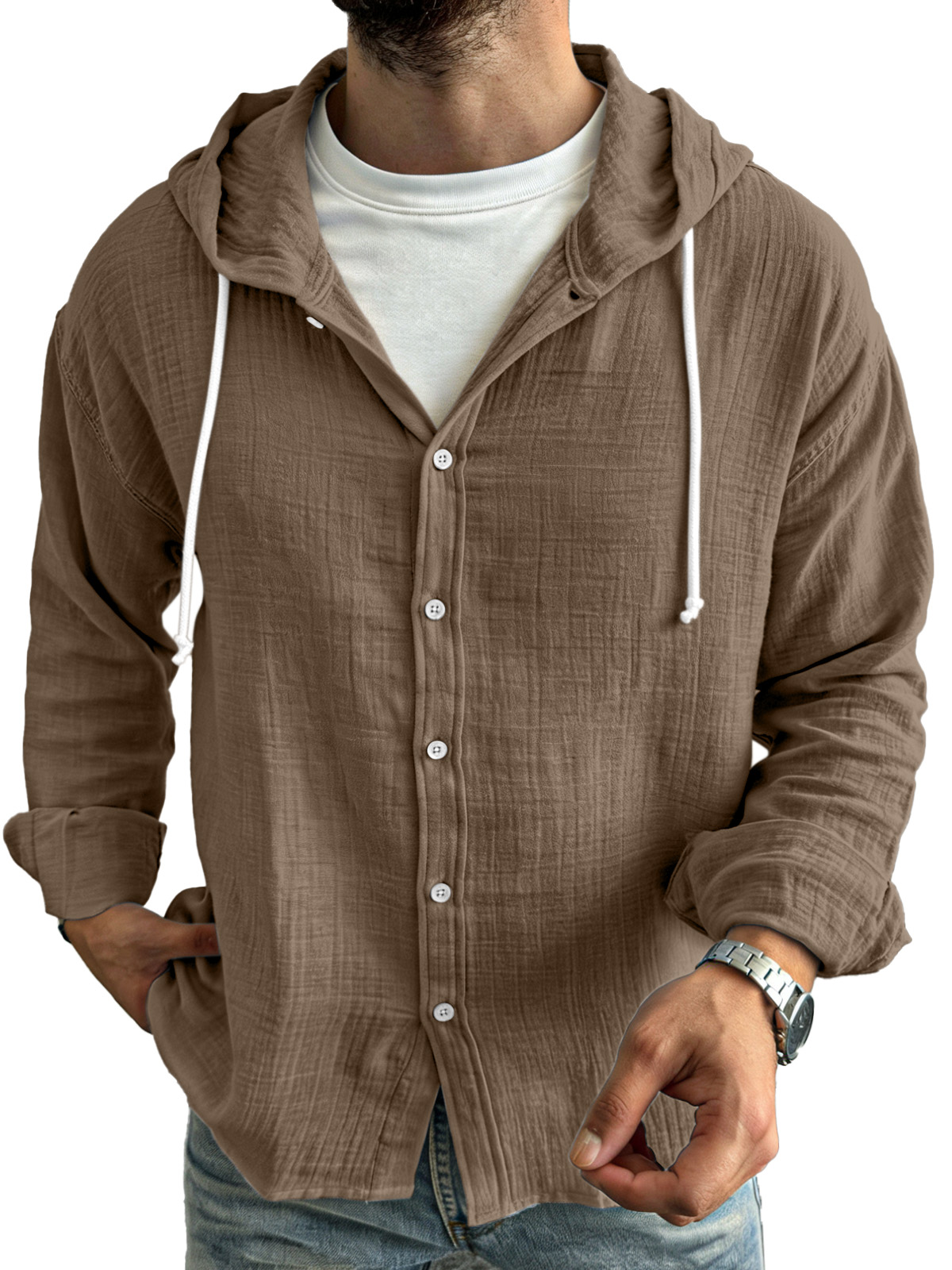 Chemise à manches longues pour homme, simple, décontractée, confortable, ample et boutonnée, avec capuche