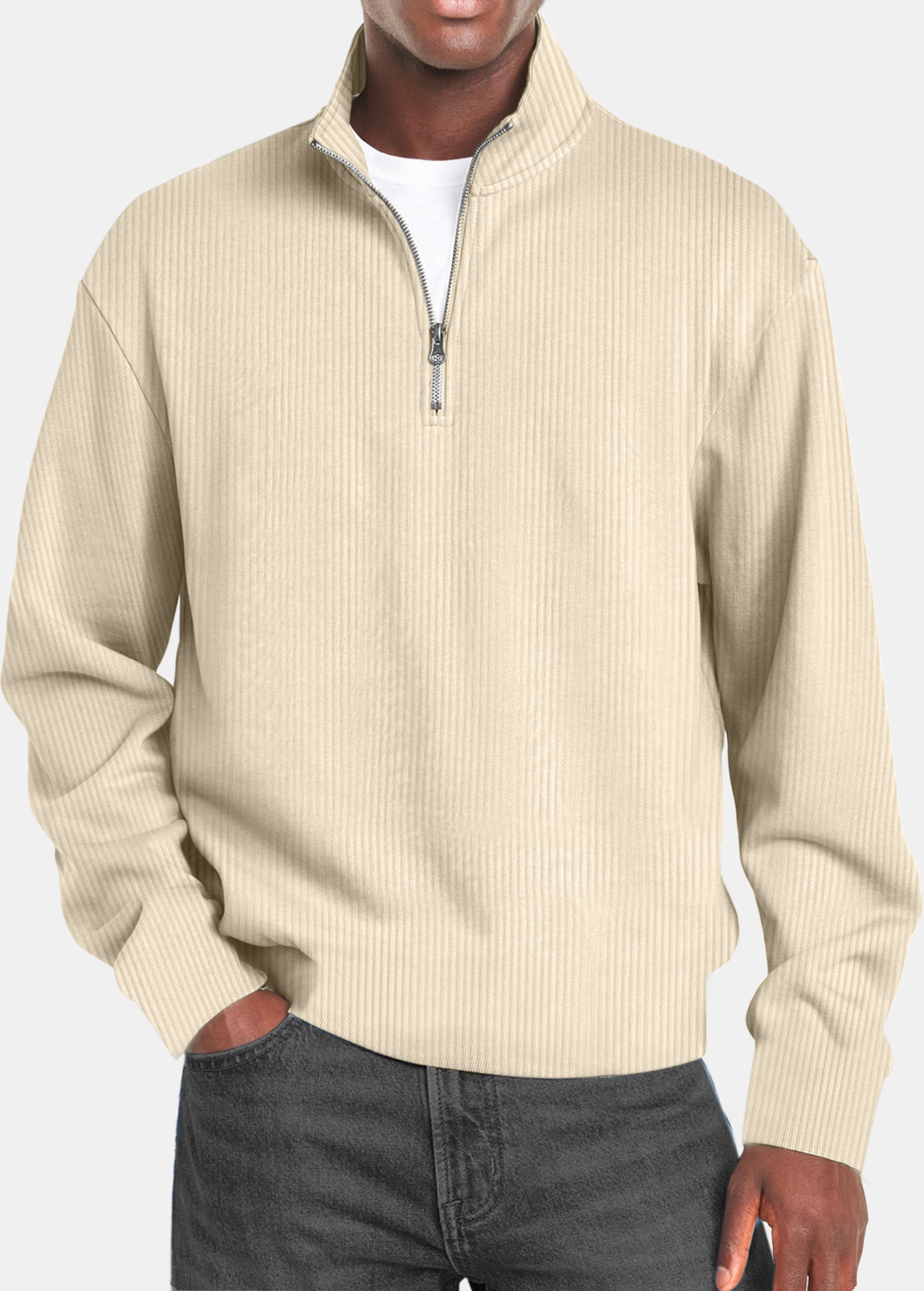 Men's Autumn Simple Vertical Strip Comfortable Zipper Long-sleeved Polo Shirt