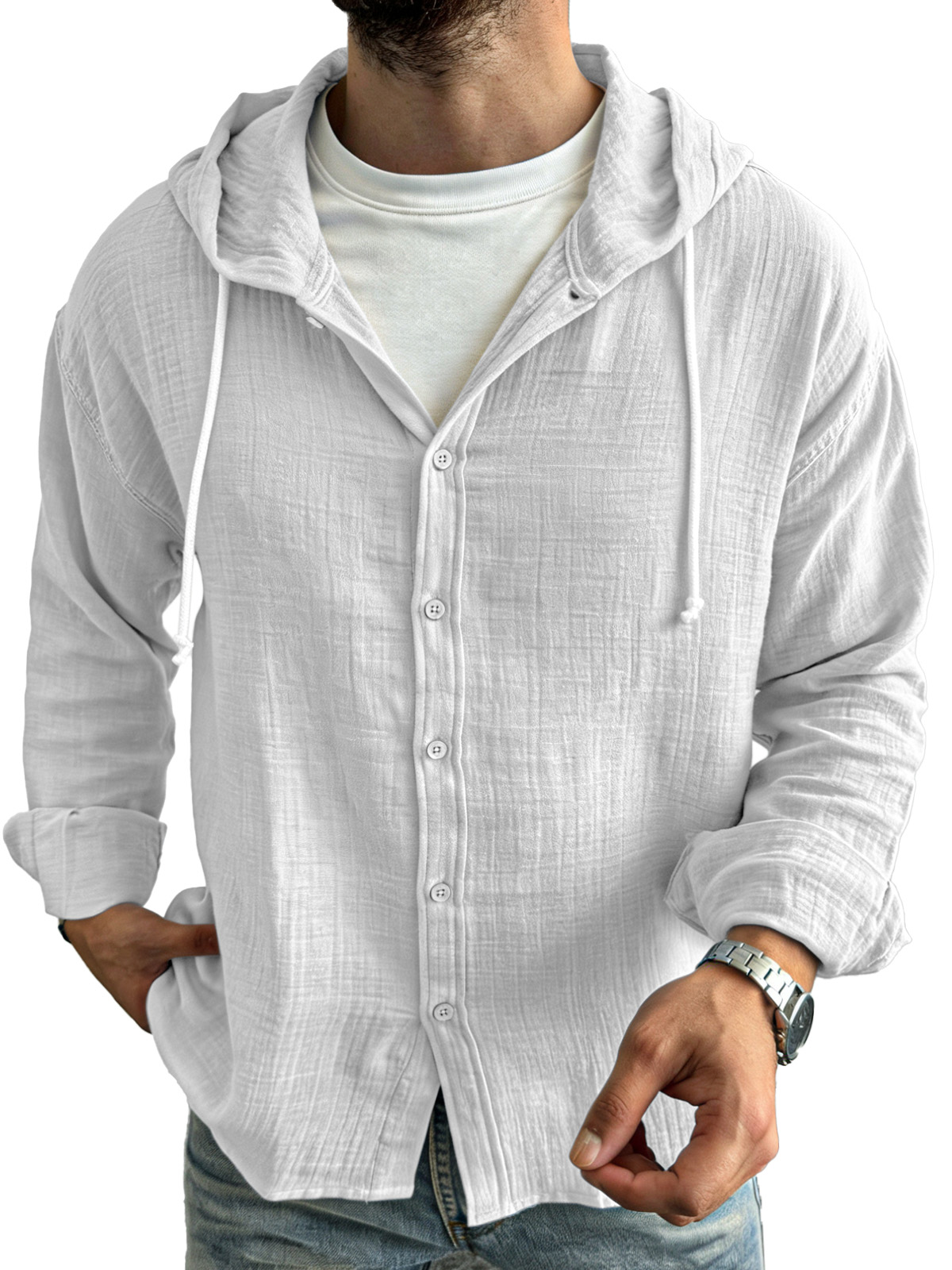 Chemise à manches longues pour homme, simple, décontractée, confortable, ample et boutonnée, avec capuche