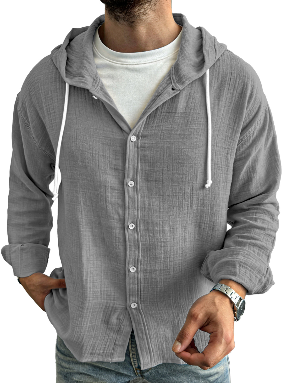 Chemise à manches longues pour homme, simple, décontractée, confortable, ample et boutonnée, avec capuche