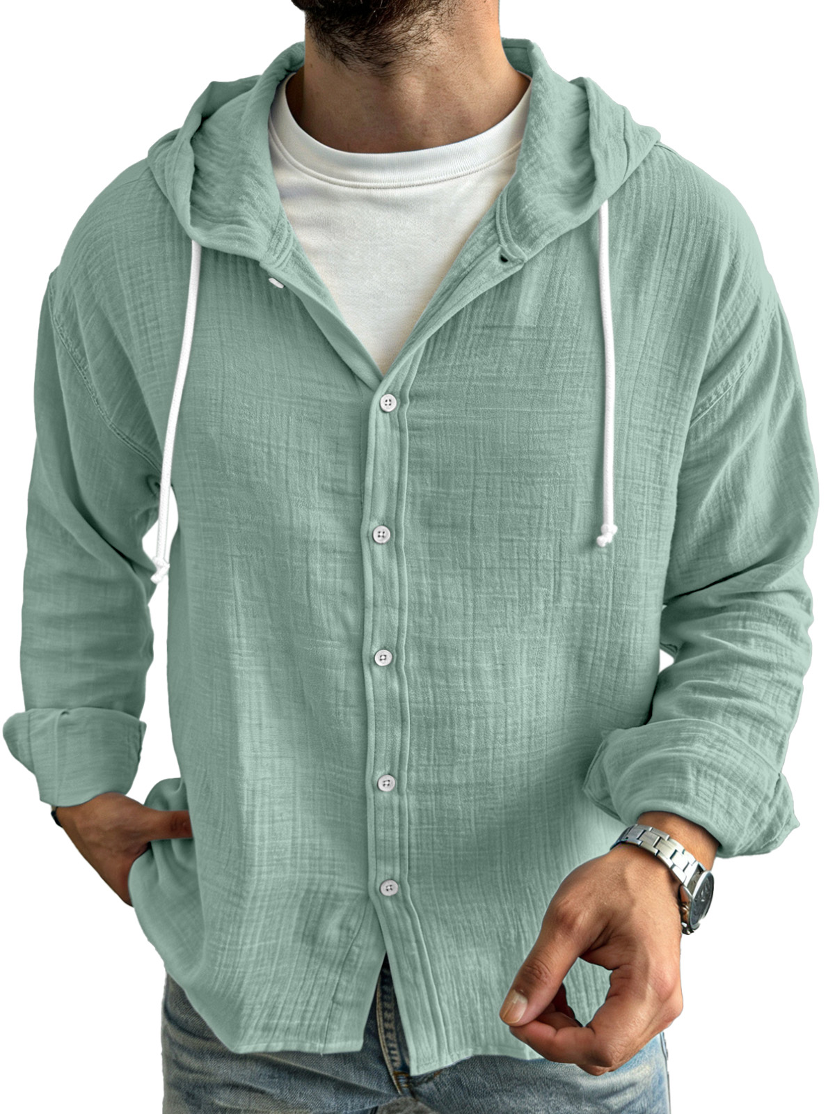 Chemise à manches longues pour homme, simple, décontractée, confortable, ample et boutonnée, avec capuche