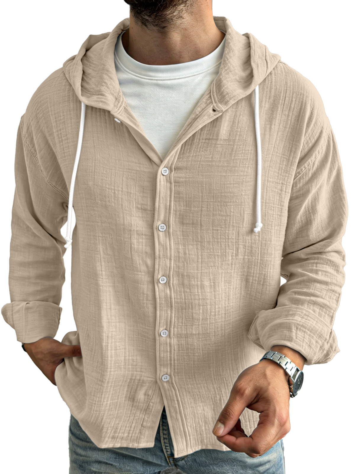 Chemise à manches longues pour homme, simple, décontractée, confortable, ample et boutonnée, avec capuche