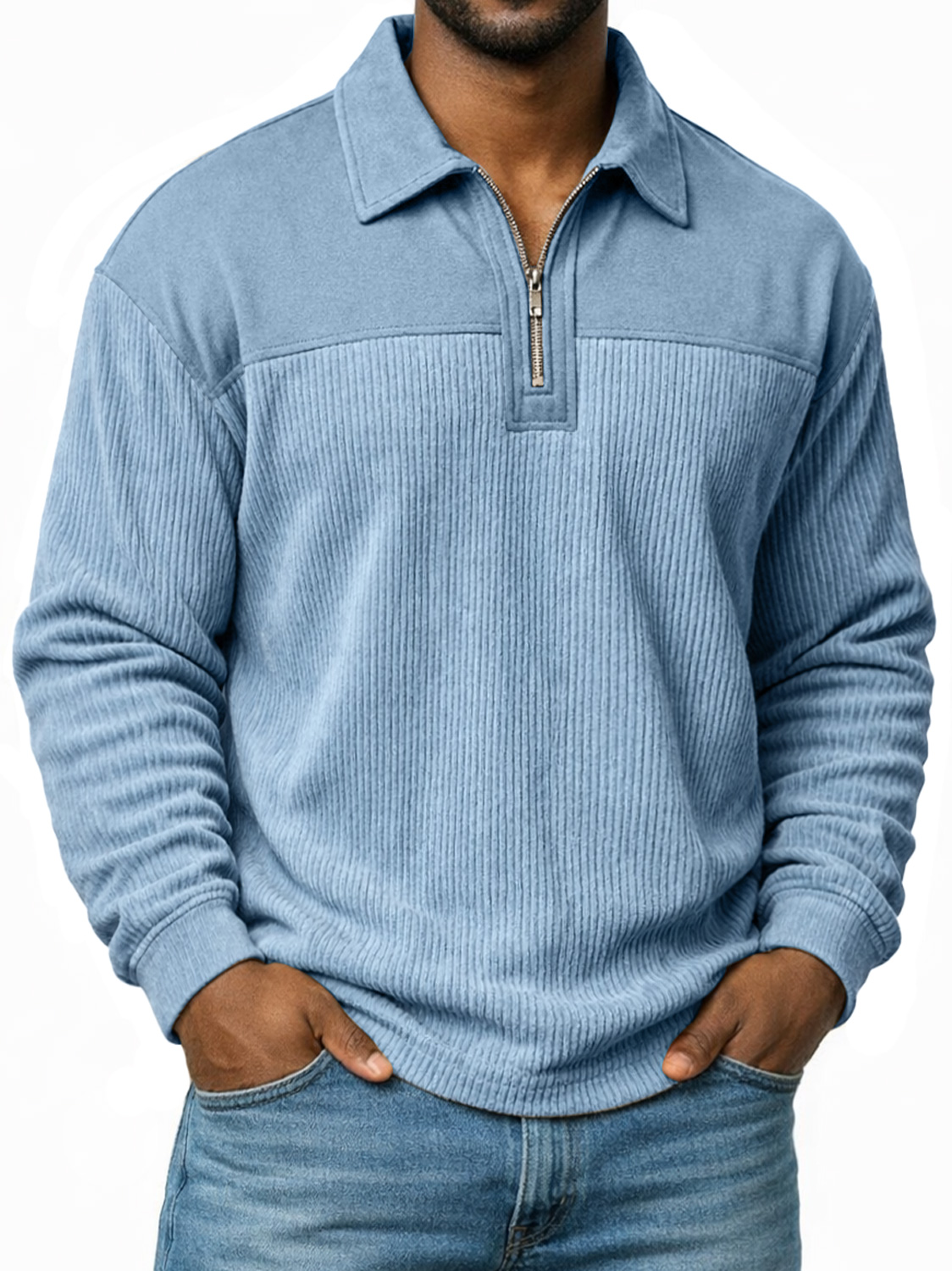 Polo à manches longues pour homme, coupe décontractée, avec col à revers et fermeture éclair, motif patchwork simple