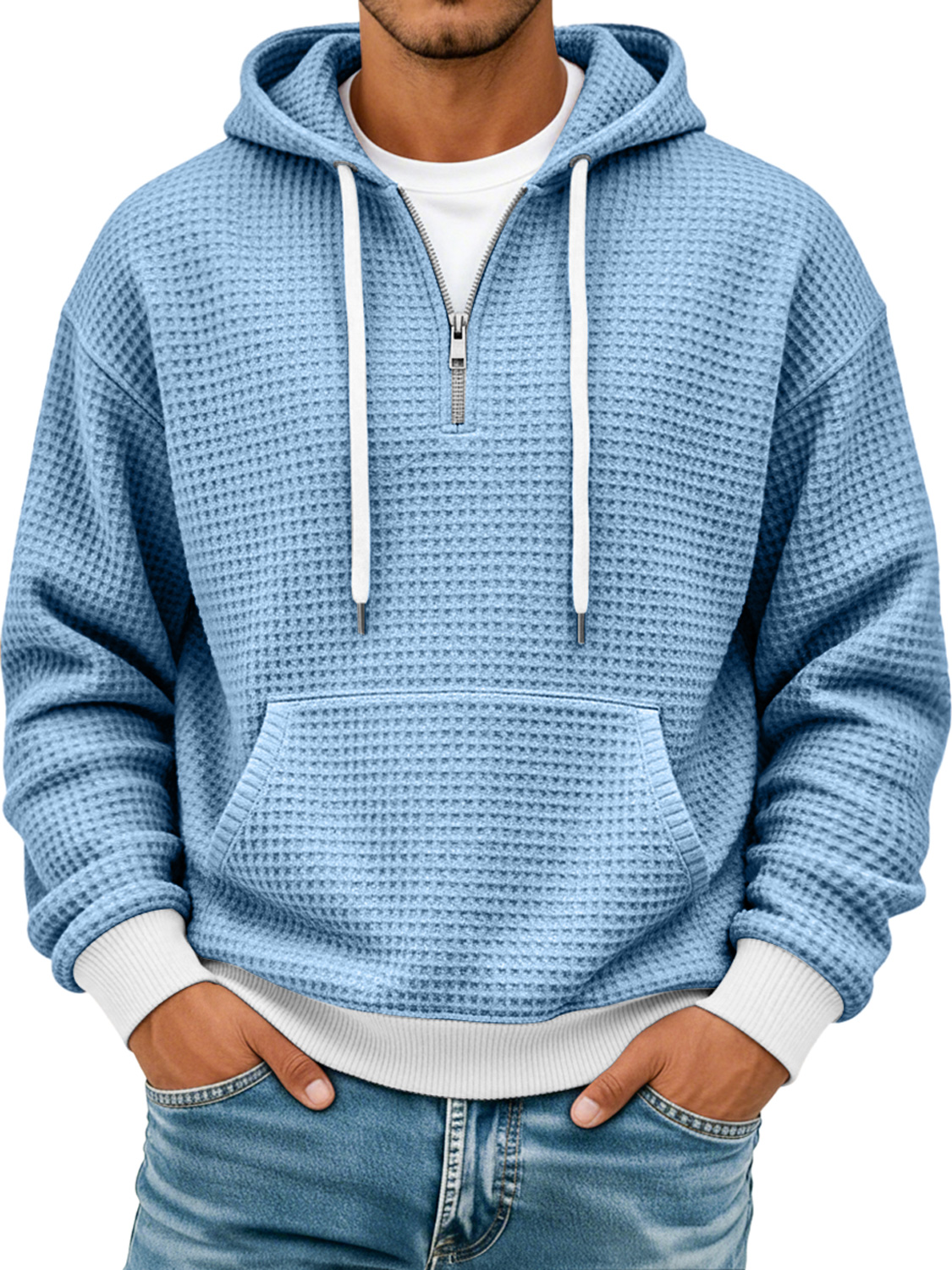 Men's Waffle Texture Colorblock Casual Hooded Sweatshirt