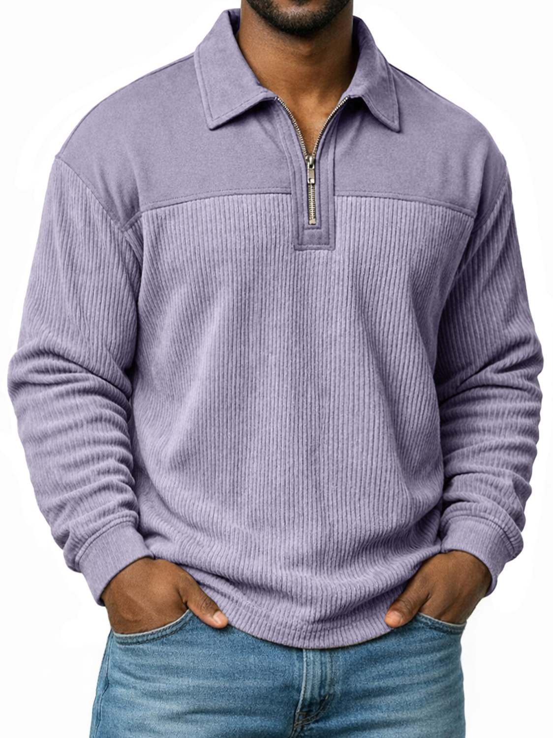 Polo à manches longues pour homme, coupe décontractée, avec col à revers et fermeture éclair, motif patchwork simple