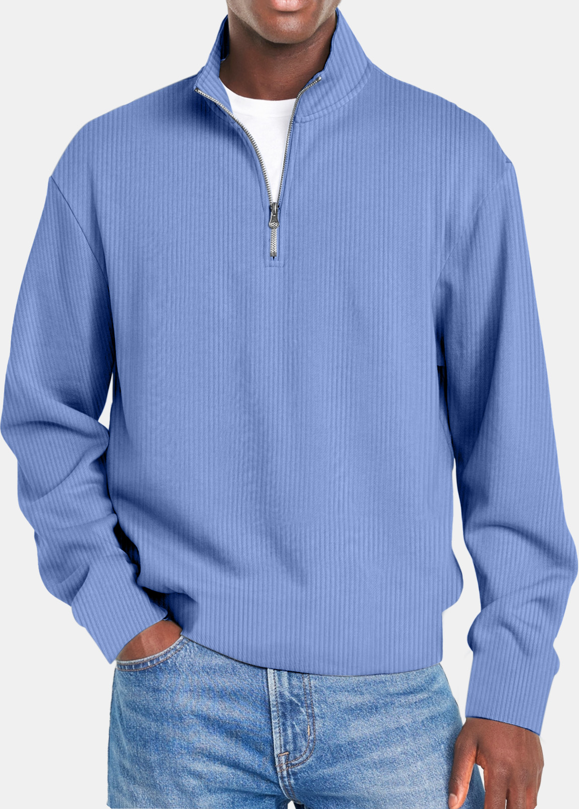 Men's Autumn Simple Vertical Strip Comfortable Zipper Long-sleeved Polo Shirt