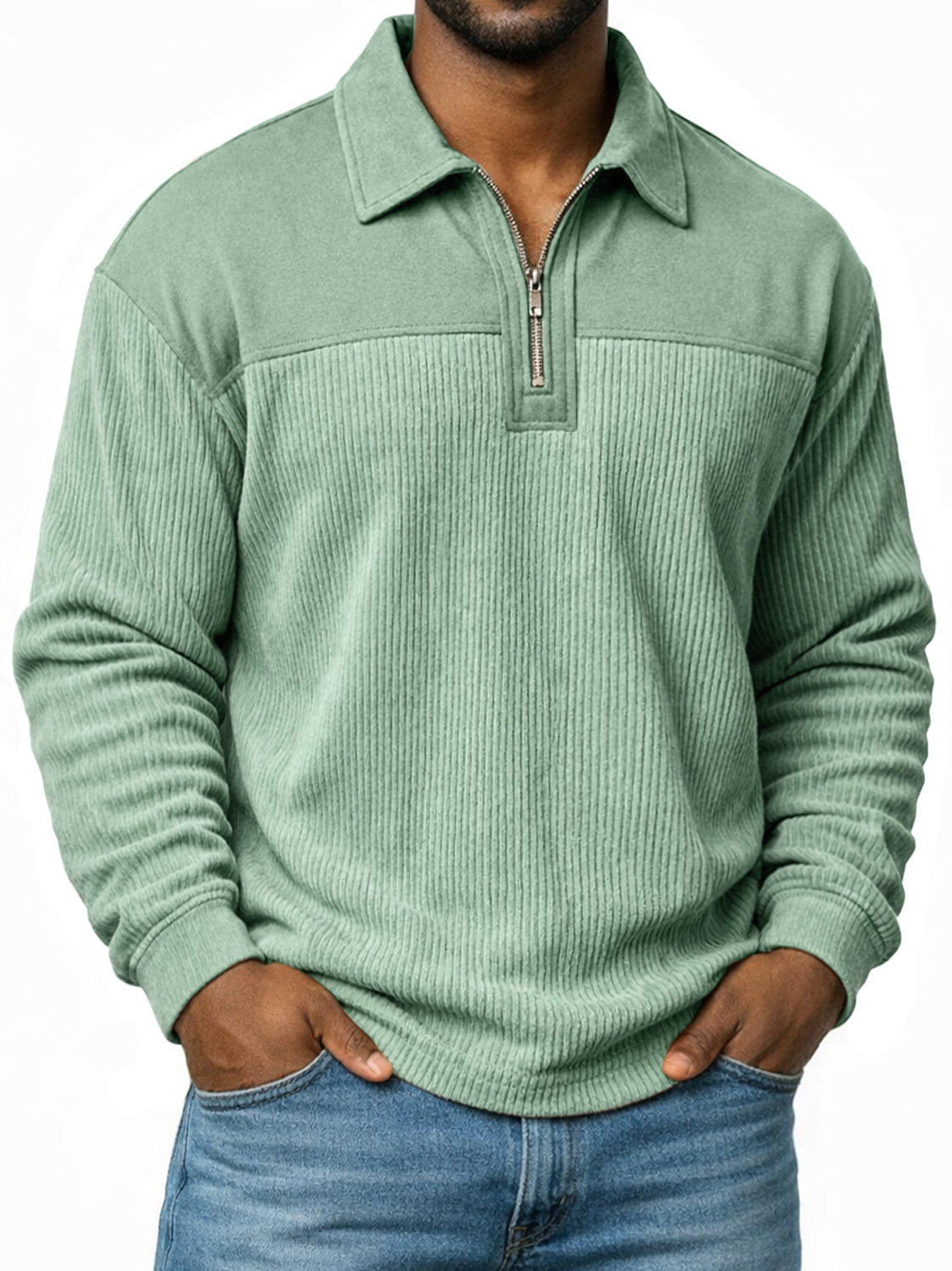 Polo à manches longues pour homme, coupe décontractée, avec col à revers et fermeture éclair, motif patchwork simple