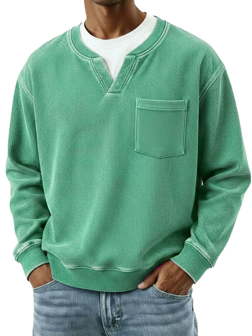 Men's Fashionable Casual Ribbed Fabric Faux Two-Piece Pocket Long-Sleeve T-Shirt