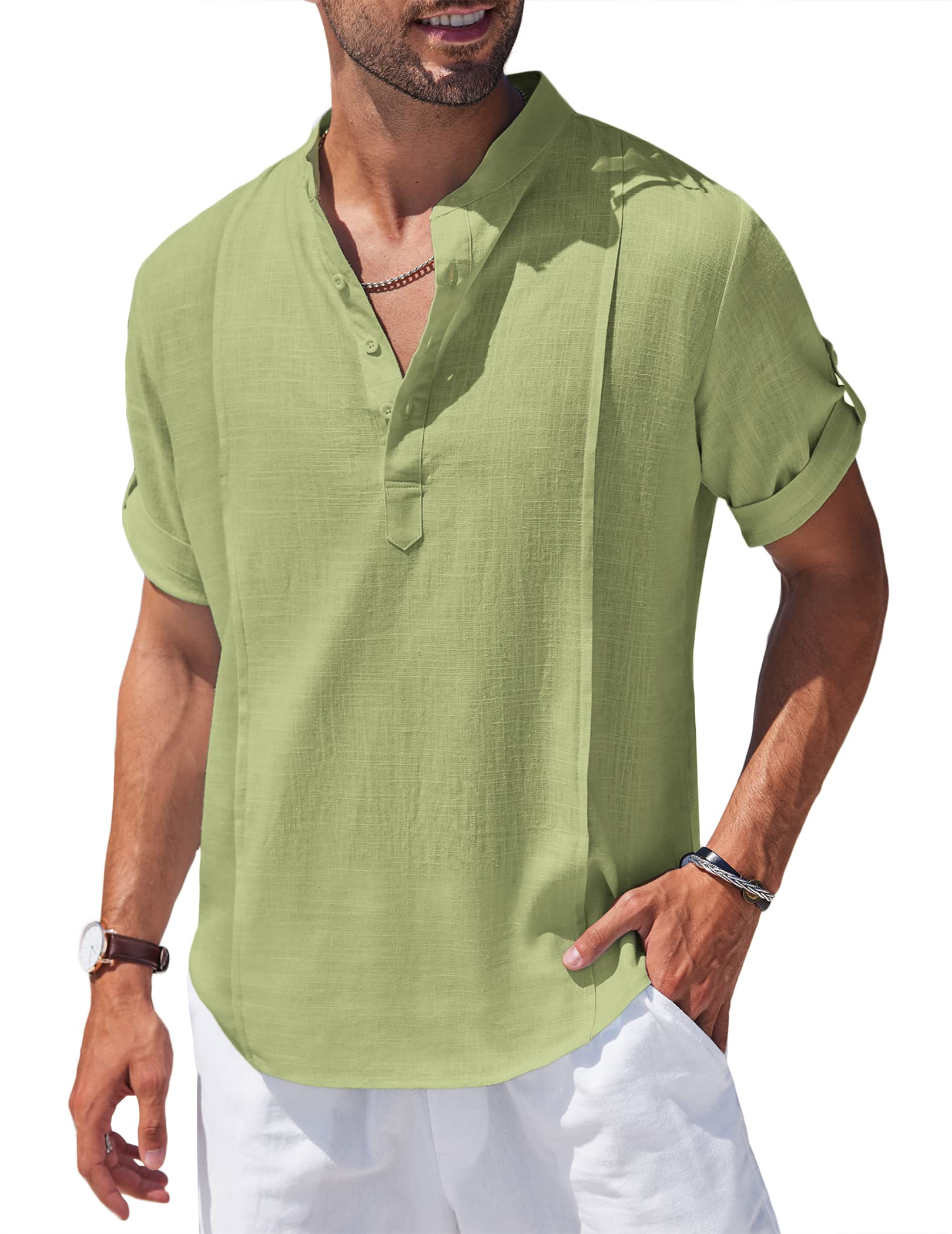 Chemise Henley en lin et coton pour homme, chemise décontractée hippie de plage, T-shirt à manches courtes