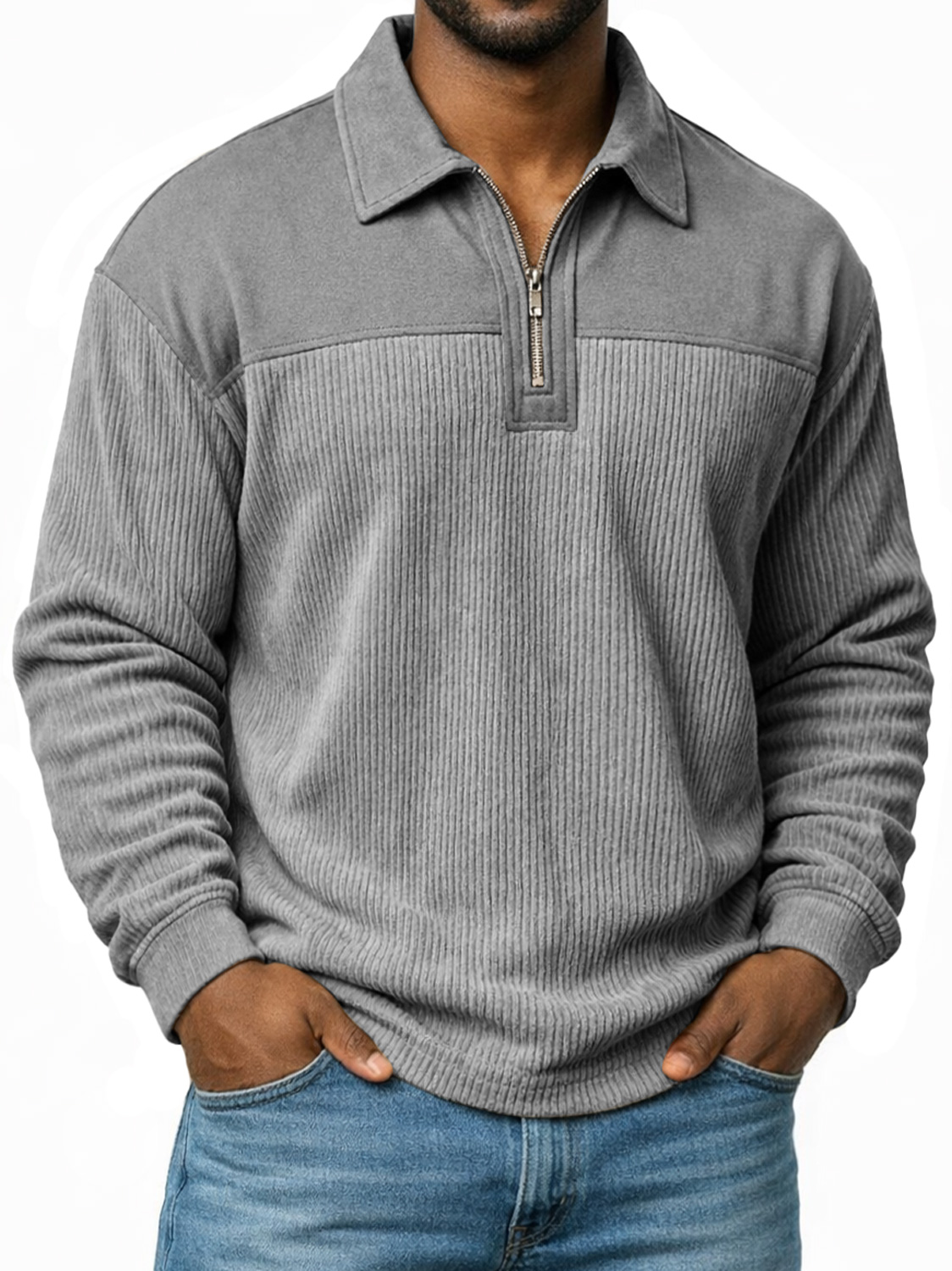 Polo à manches longues pour homme, coupe décontractée, avec col à revers et fermeture éclair, motif patchwork simple