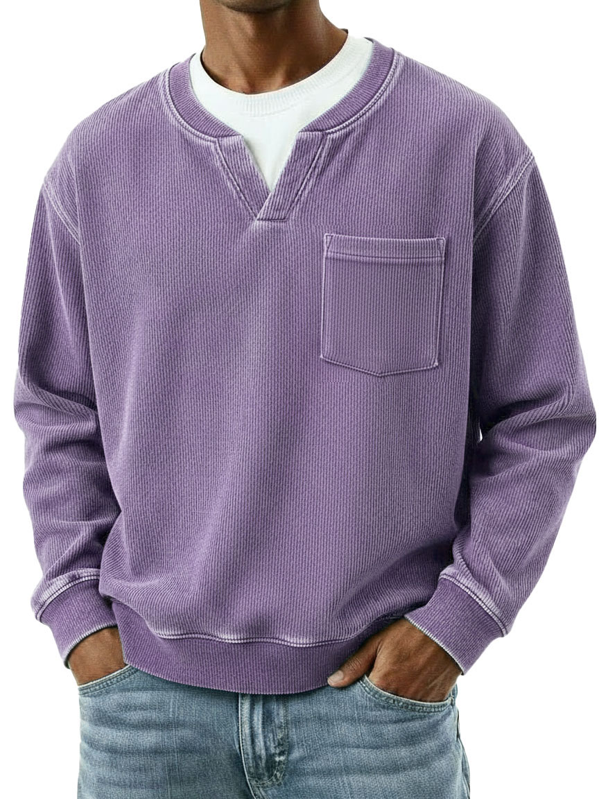 Men's Fashionable Casual Ribbed Fabric Faux Two-Piece Pocket Long-Sleeve T-Shirt