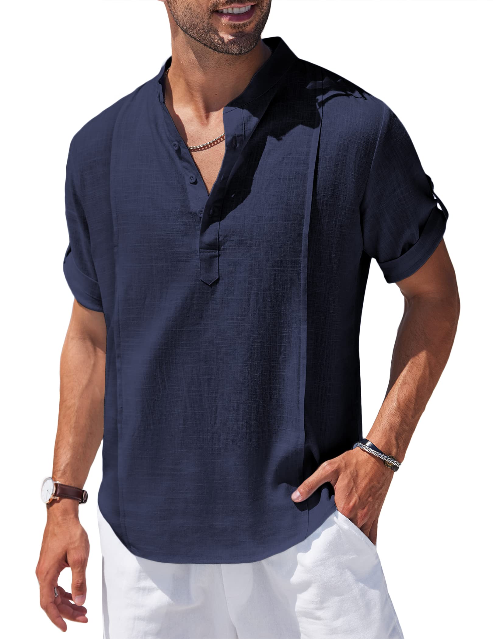 Chemise Henley en lin et coton pour homme, chemise décontractée hippie de plage, T-shirt à manches courtes