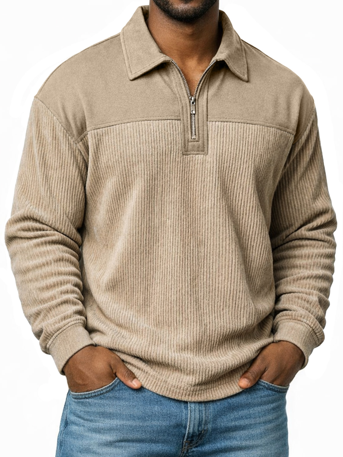 Polo à manches longues pour homme, coupe décontractée, avec col à revers et fermeture éclair, motif patchwork simple