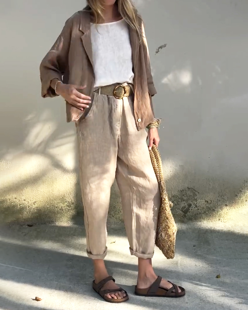 Ensemble deux pièces décontracté avec chemise à col rabattu et pantalon (sans ceinture)