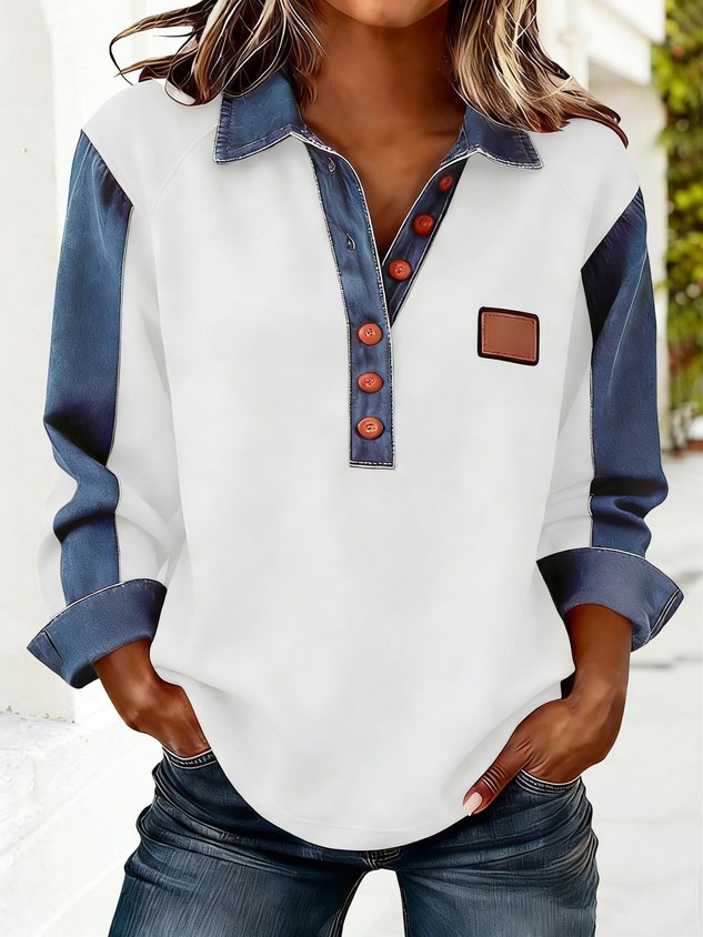 Polo en jean à manches longues, coupe décontractée, avec empiècements de couleurs contrastées