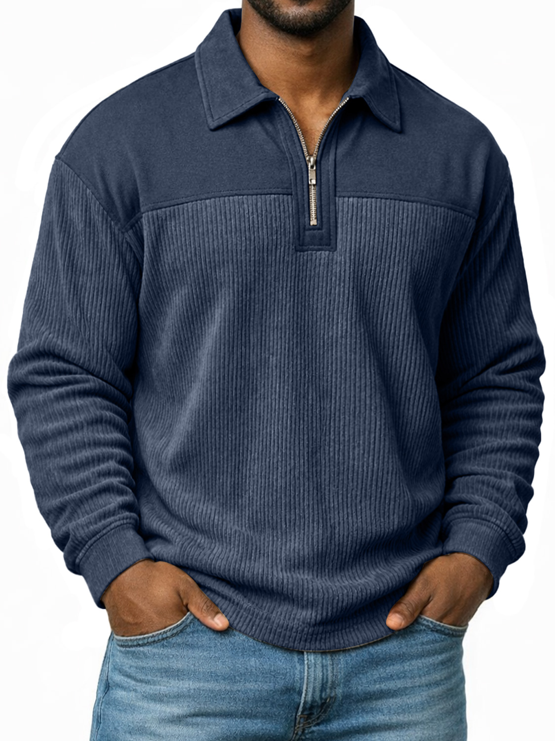 Polo à manches longues pour homme, coupe décontractée, avec col à revers et fermeture éclair, motif patchwork simple