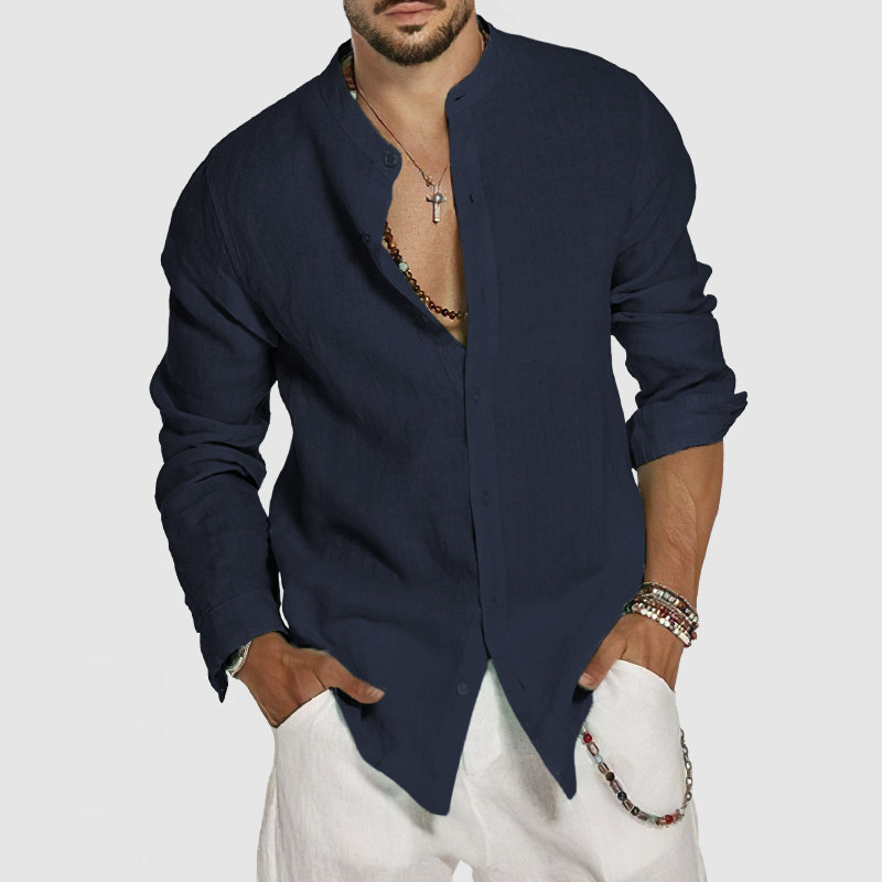 Chemise en coton et lin pour homme à col montant – style plage