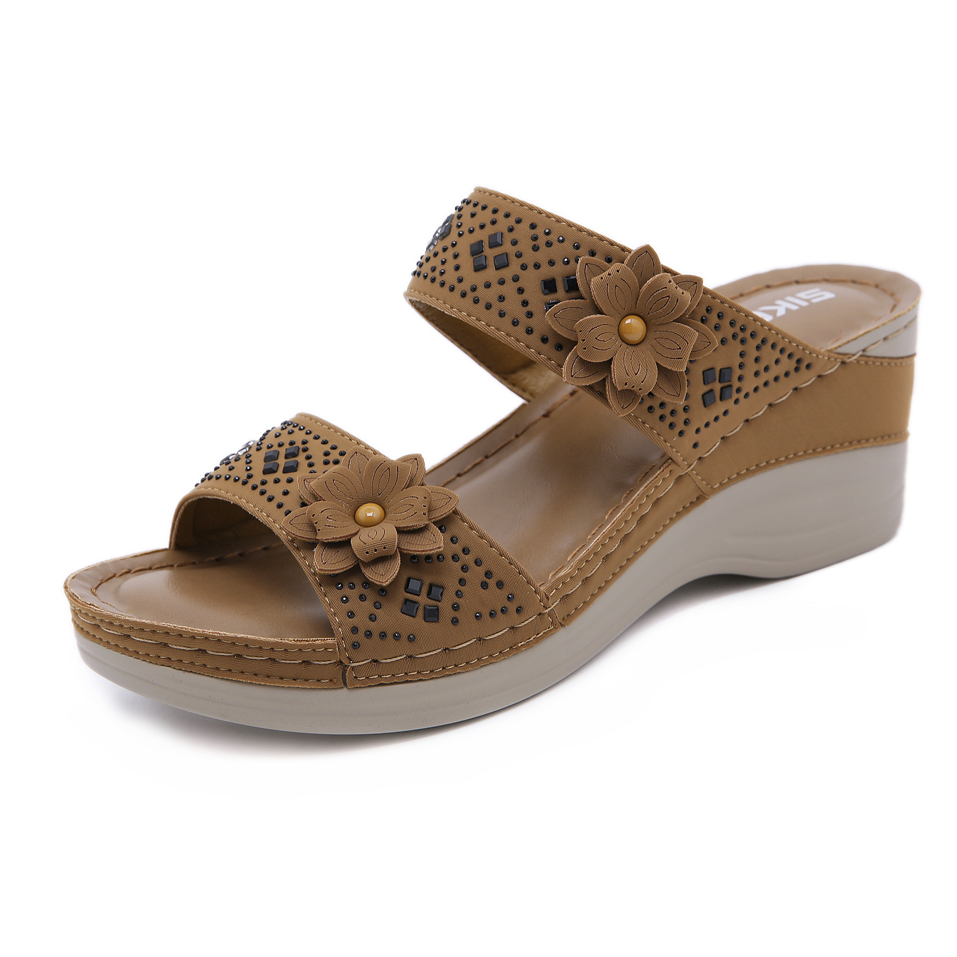 Sandale compensée orthopédique à semelle souple pour femme, avec soutien de la voûte plantaire et motif floral